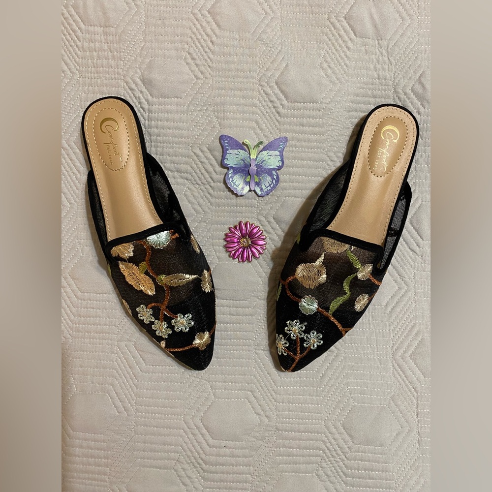 Black Mesh Floral Embroidered Mules Size 8